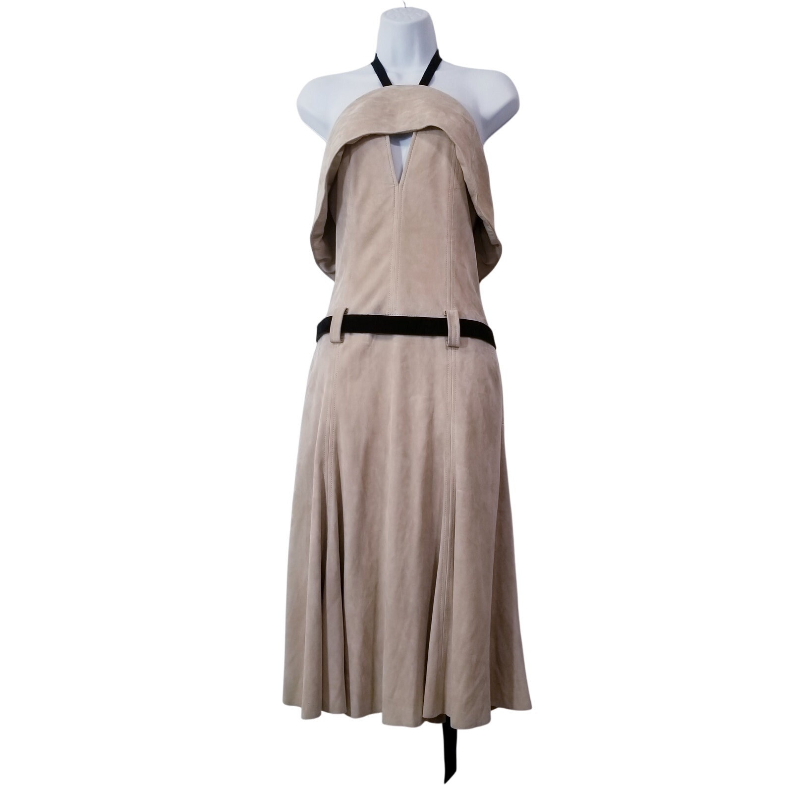 Rare Alexis 100% Genuine Leather Suede Belted Halter Dress With Side Pockets
